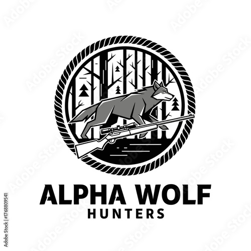 A grayscale logo depicting a wolf, rifle, and forest within a circular rope frame