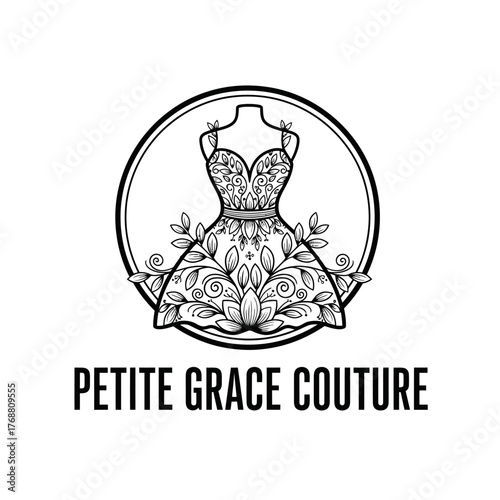Elegant black and white logo, a detailed dress design within a circle, with a simple sans-serif text below