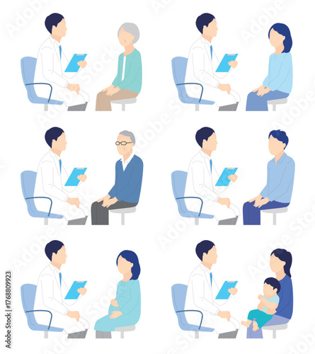 患者を診察する医者のシンプルイラスト素材セット