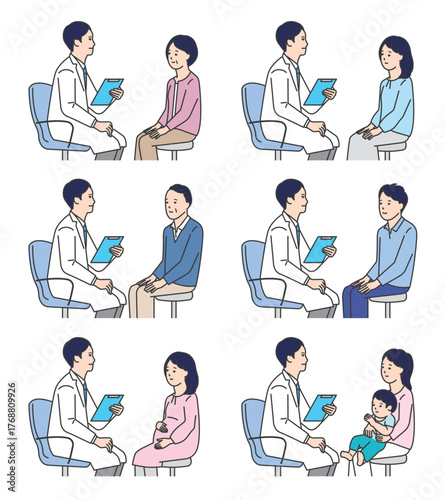 患者を診察する医者のシンプルイラスト素材セット