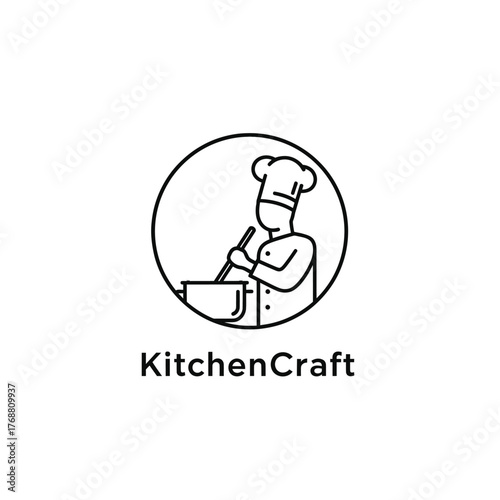A chef stirring a pot inside a circle. Minimalist style, black lines on white background
