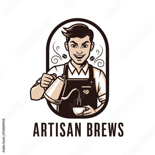 A smiling barista pouring from a gooseneck kettle into a cup, framed in a brown border