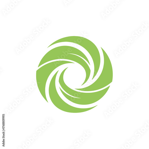 Circular green design, with layered petal-like shapes converging at a central aperture on white background
