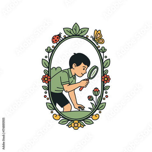 A young boy uses a magnifying glass to observe nature inside of a decorative oval frame