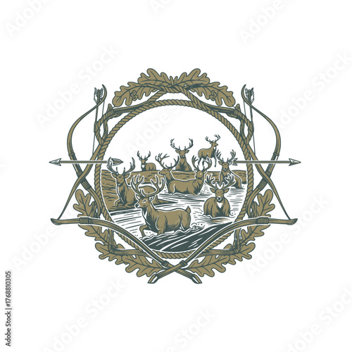 A detailed illustration of deer in water, framed with bows, arrows, oak leaves, and rope