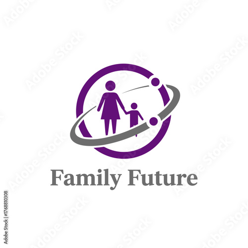 A purple circular design includes an adult and child inside a grey curve and a purple circle, with text