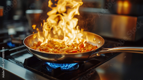 Dynamic cooking scene with vibrant flames igniting delicious ingredients in a professional kitchen, creating an intense and flavorful culinary experience
