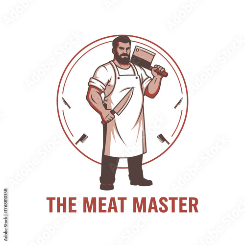 A burly man, apron-clad, brandishing a cleaver and knife within a circular frame