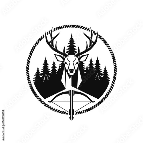 Black and white outdoor-themed circular design features a deer head, forest, and crossbow