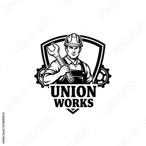 A monochrome illustration features a worker with a wrench in a shield, with gears and text