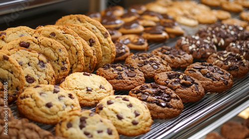 Freshly baked assortment of delicious chocolate chip cookies perfect for a bakery promotion or tempting dessert menu, inviting warmth and sweet indulgence