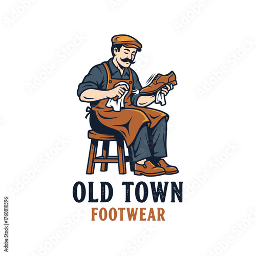A cobbler, wearing an apron, cleans a leather shoe while seated on a stool. Below, is text