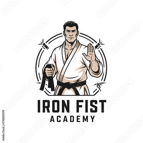 A martial artist in a gi, holds a belt and open hand, surrounded by a circle