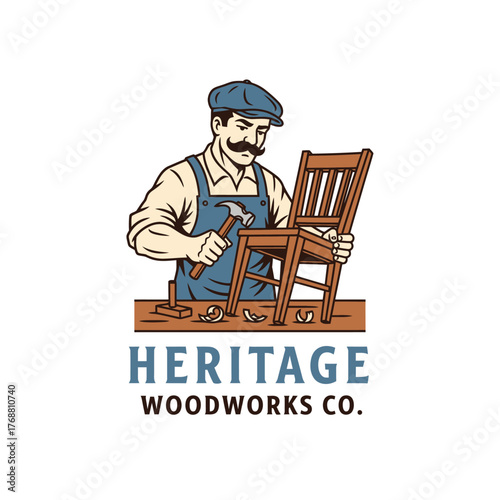 A cartoon craftsman, mustache and hat, repairing a chair with a hammer. Wood shavings, tools nearby