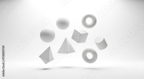Abstract geometric shapes floating in a white studio, , creating a clean and modern composition for graphic design and art