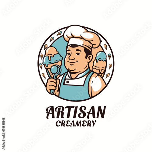 A cartoon chef holds ice cream. Small ice cream cones surround a circle. "Artisan Creamery" is below