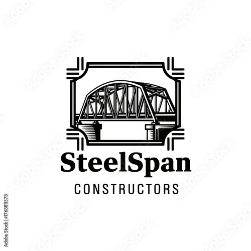 A monochrome illustration showcasing a steel arch bridge within a decorative frame and text