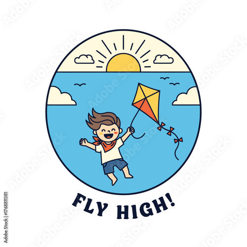 A cartoon child joyfully flies a kite in a sunny sky, surrounded by clouds and birds