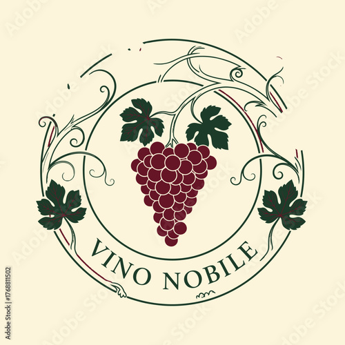 Circular emblem featuring grapes, leaves, and a decorative scroll border. Text states "VINO NOBILE