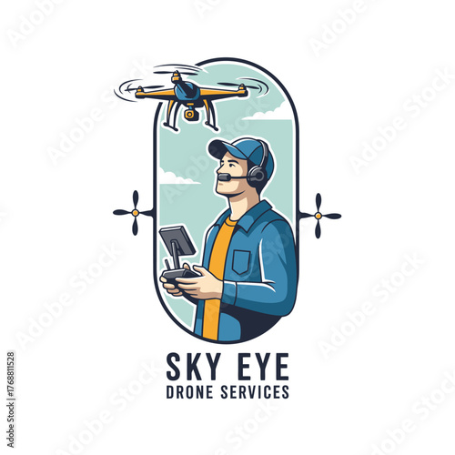 A man operates a drone with a controller, headphones. The logo depicts drone services