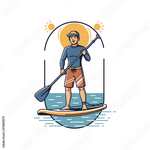 A person paddles on a surfboard in a sunny scene, using a long paddle, with the sun behind them