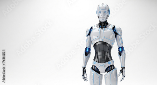 Futuristic humanoid robot standing, showcasing advanced technology and artificial intelligence in a sleek and modern design, perfect for illustrating innovation