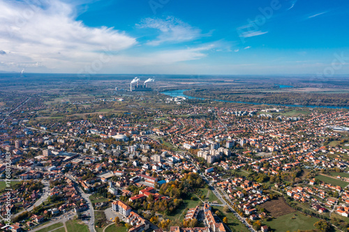 Obrenovac - Aerial view of Serbian city and Sava river