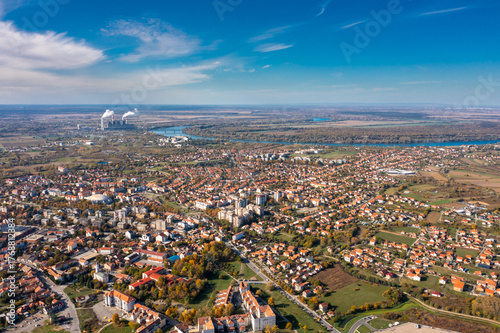 Obrenovac - Aerial view of Serbian city and Sava river