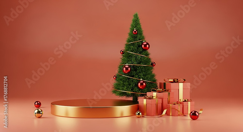 Golden podium with christmas tree, gifts, product display