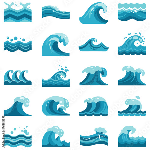 Diverse Collection of Blue Ocean Wave Illustrations