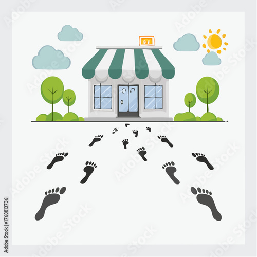 Footprints lead to the entrance of a charming Store on a Sunny Day