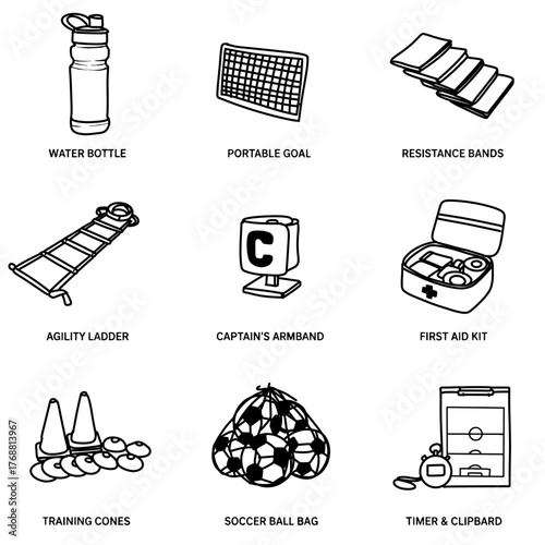 A collection of essential soccer training gear including a water bottle, portable goal, resistance bands, agility ladder, captains armband, first aid kit, training cones, soccer ball bag, and timer.