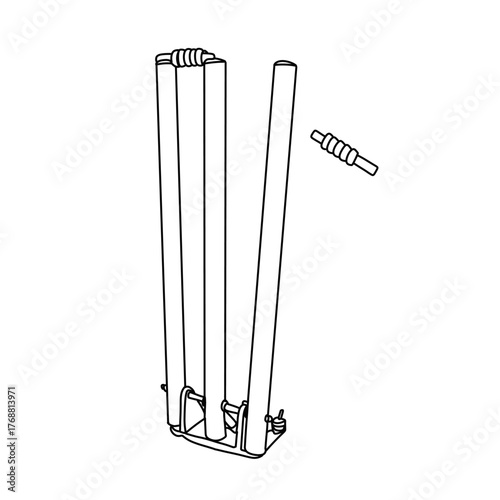 Cricket stumps and bails line art vector illustration, essential equipment for the sport of cricket, isolated on white.