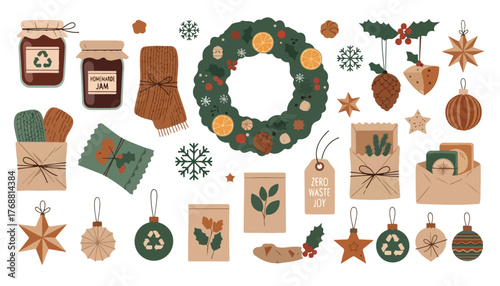 Festive collection of Christmas ornaments, gifts, and decorations, arranged on a white background.