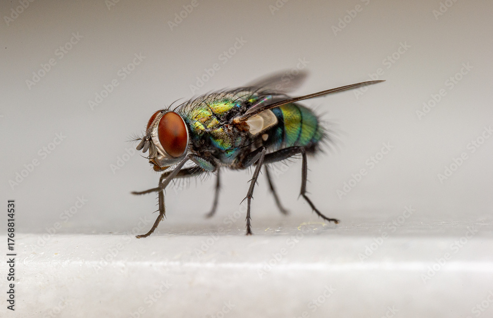 Fototapeta premium Lucilia sp., green bottle fly species (Diptera: Calliphoridae) photographed in the urban area of Sagunto, Valencia province, Spain, showing metallic green coloration typical of the genus.