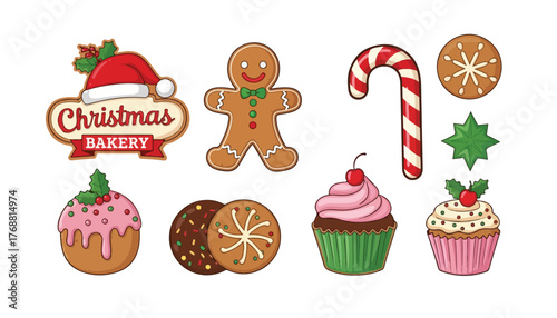 Christmas themed illustration featuring a bakery logo with a Santa hat, gingerbread man, candy cane, and various festive cupcakes and cookies.
