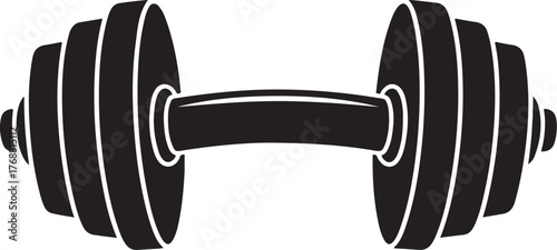 Black silhouette of a weightlifting dumbbell with layered plates on a white background