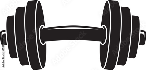 Black silhouette of a weightlifting dumbbell with stacked plates on white background fitness