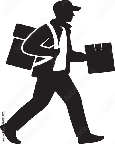 Silhouette of a delivery person with a backpack and a package walking vector