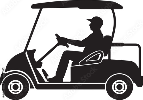 Silhouette of a person wearing a cap driving a golf cart with a white outline on a white background