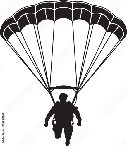 Silhouette of a skydiver descending with a black parachute against a white background