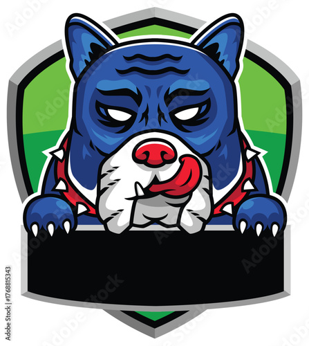 Tough blue bulldog mascot – fierce face, red spiked collar, and tongue-out attitude in shield emblem for gaming, sports, and edgy branding.