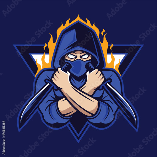 Fierce ninja emblem – hooded warrior with crossed swords, flaming triangle, and piercing eyes in bold design for gaming, martial arts, and stealth branding.