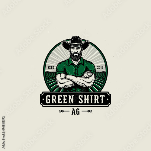 Logo of a Farmer with Crossed Arms Wearing a Green Shirt and Cowboy Hat, AG Initials