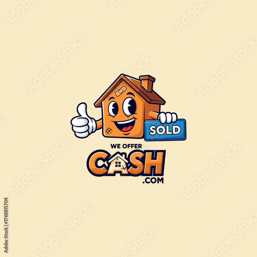 Smiling cartoon house character giving a thumbs up and holding a 'Sold' sign, representing efficient property transactions and immediate cash buying services