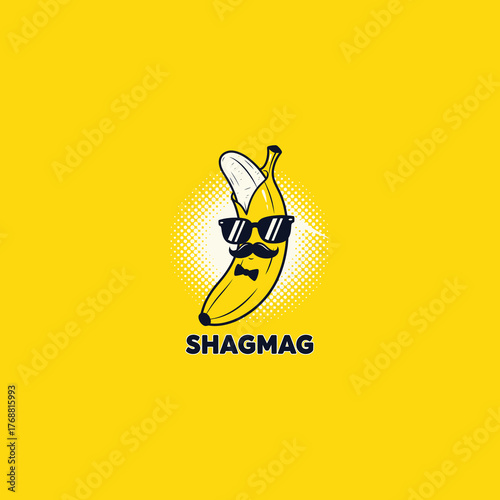 Funny cool banana with sunglasses and mustache, cartoon character logo graphic for entertainment and humor brands