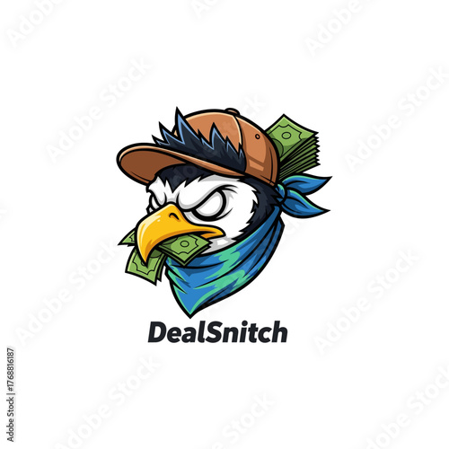 A cool and edgy cartoon bird mascot wearing a backward cap and a bandana, holding a large stack of money in its beak, representing a successful financial deal