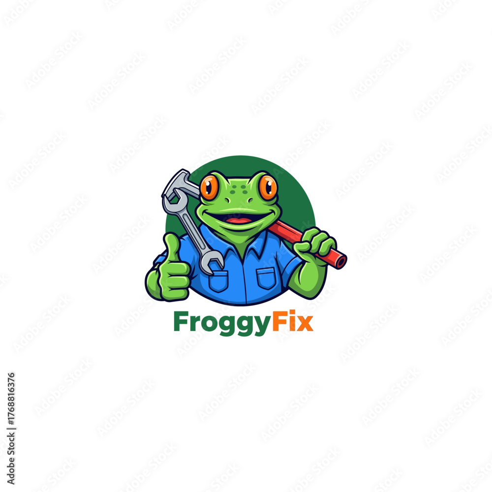 Obraz premium FroggyFix Professional Handyman Logo Featuring a Friendly Frog with Tools for Reliable Service