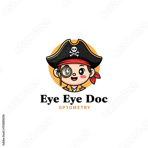 Adorable cartoon mascot of a pirate boy for a pediatric optometry clinic, holding a trial lens for a fun eye exam