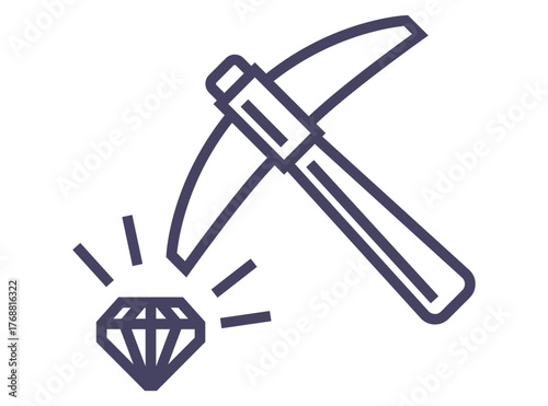 Pickaxe and diamond icon. Extraction of valuable resources. Flat illustration.